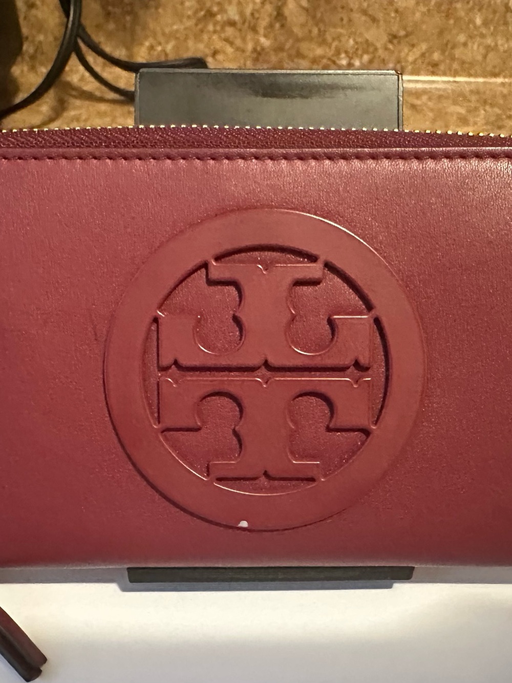 Tory Burch Burgundy Embossed Logo Leather Clutch